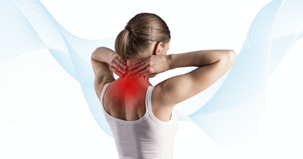 Caucasian woman with blonde hair in a pony tail wearing a white vest and gripping the back of her neck. There is a red area over her neck to highlight the source of pain and inflammation.